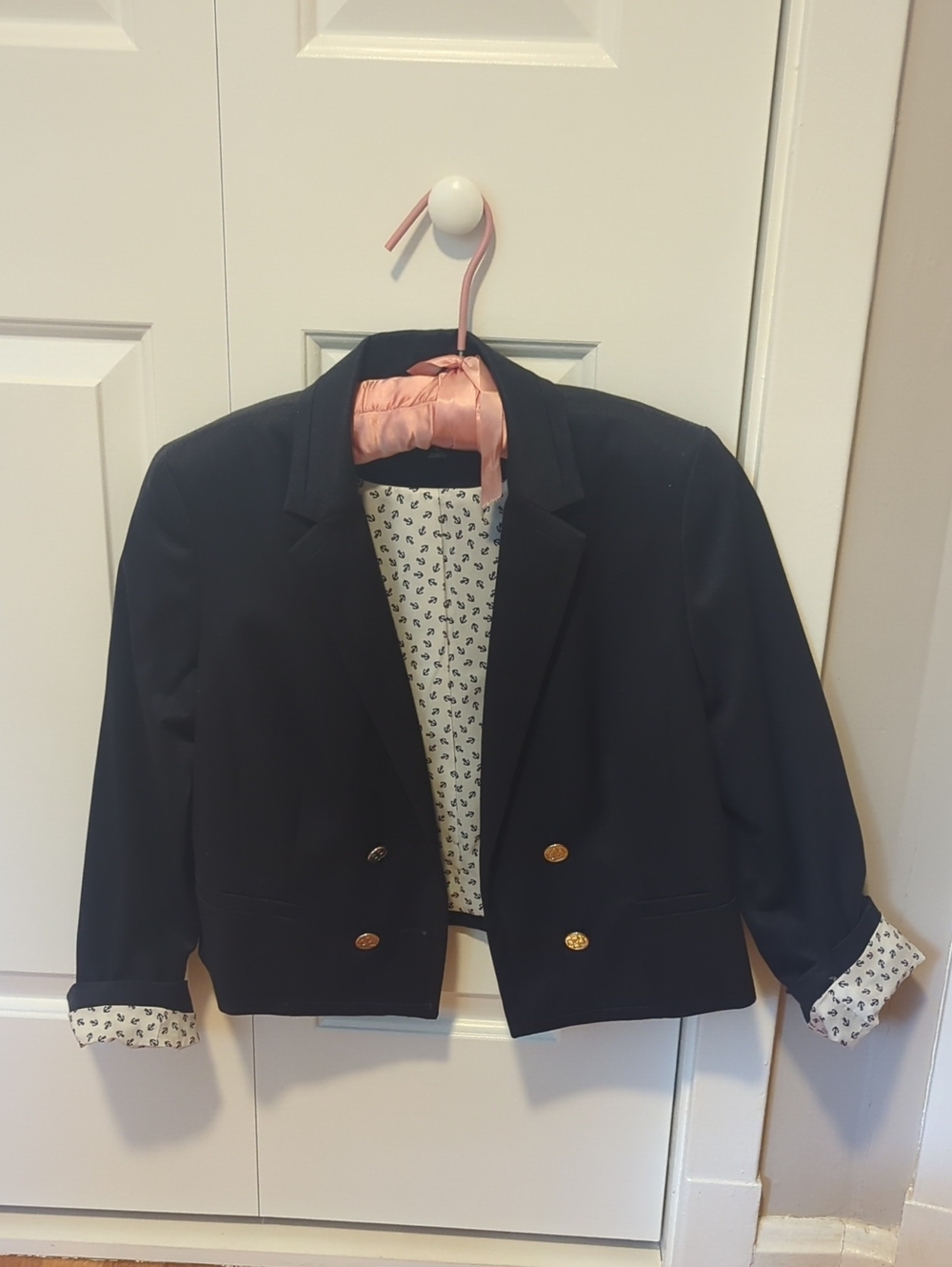 Ann Taylor Navy Double-Breasted Cropped Blazer with Anchor Detail, Gold Buttons